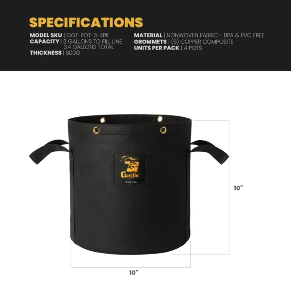 Gorilla 3 Gallon Grow Bag (4 Pack) - Image 9